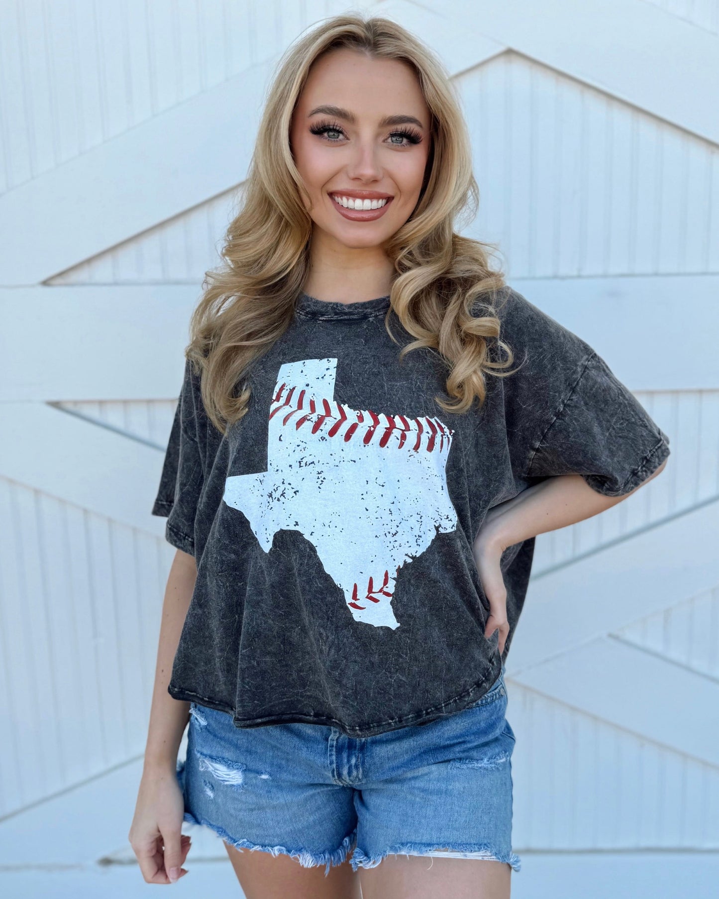 Vintage Black Baseball In “Texas” Mineral-Dipped Flowy Cropped Tee
