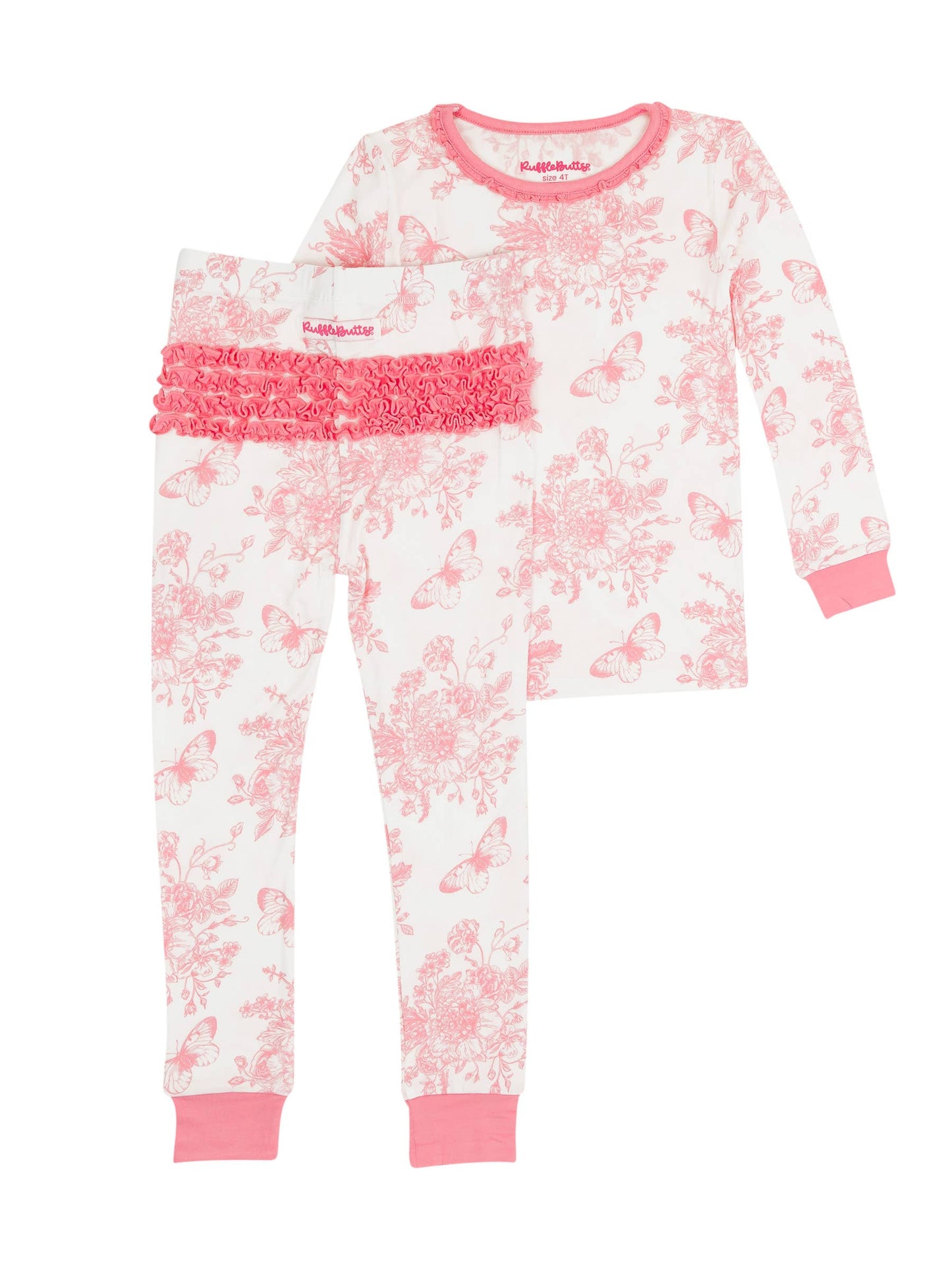 RuffleButts + RuggedButts - Toddler Girls Pink Butterfly Garden Toile Bamboo Viscose Ruffle Long Sleeve Pajama Set