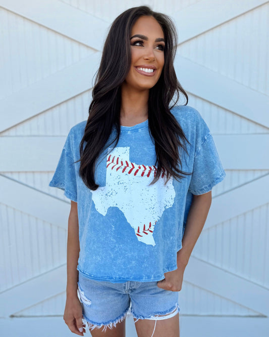 Blue Baseball In “Texas” Mineral-Dipped Flowy Cropped Tee