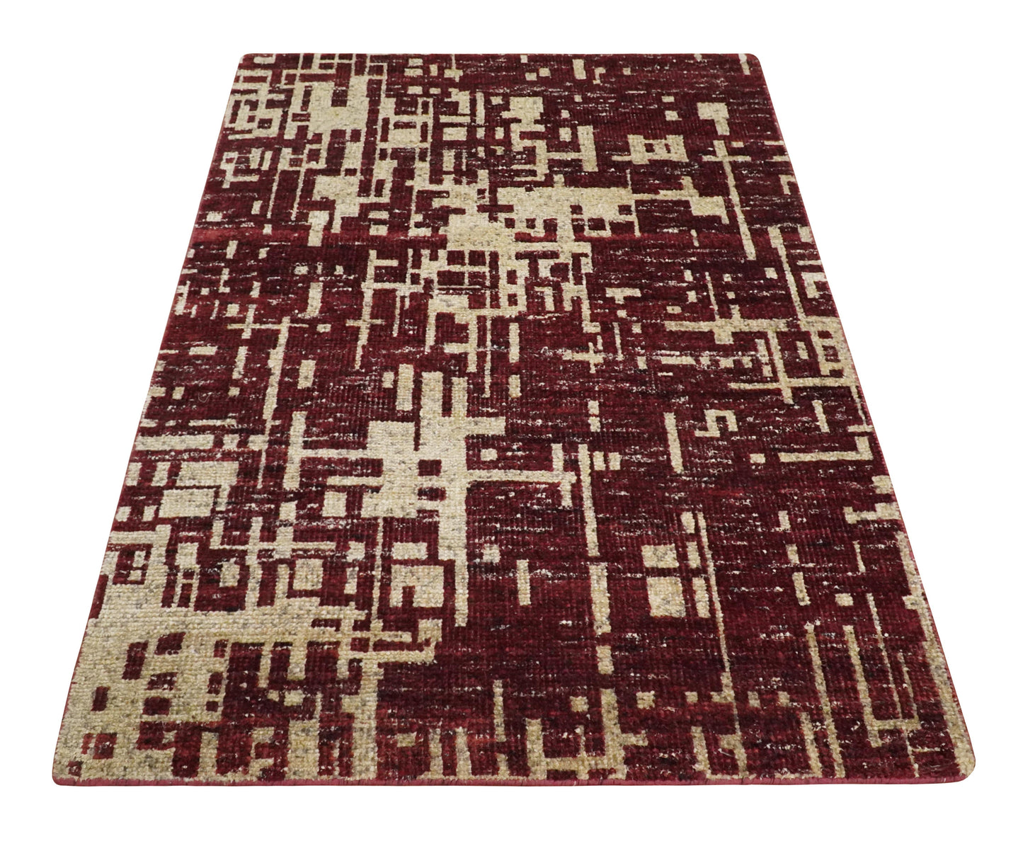 4x6 Hand Knotted Beige and Maroon Modern Abstract Contemporary Recycled Silk Area Rug | OP64