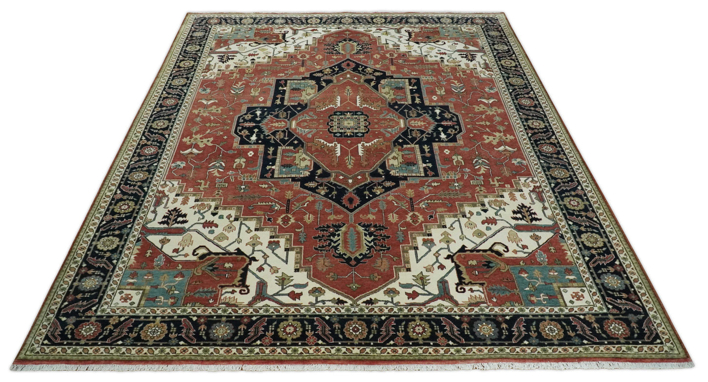 8x10 and 9x12 Wool Hand Knotted Heriz Serapi Black, Rust and Ivory Floral Area Rug | TRDCP1063