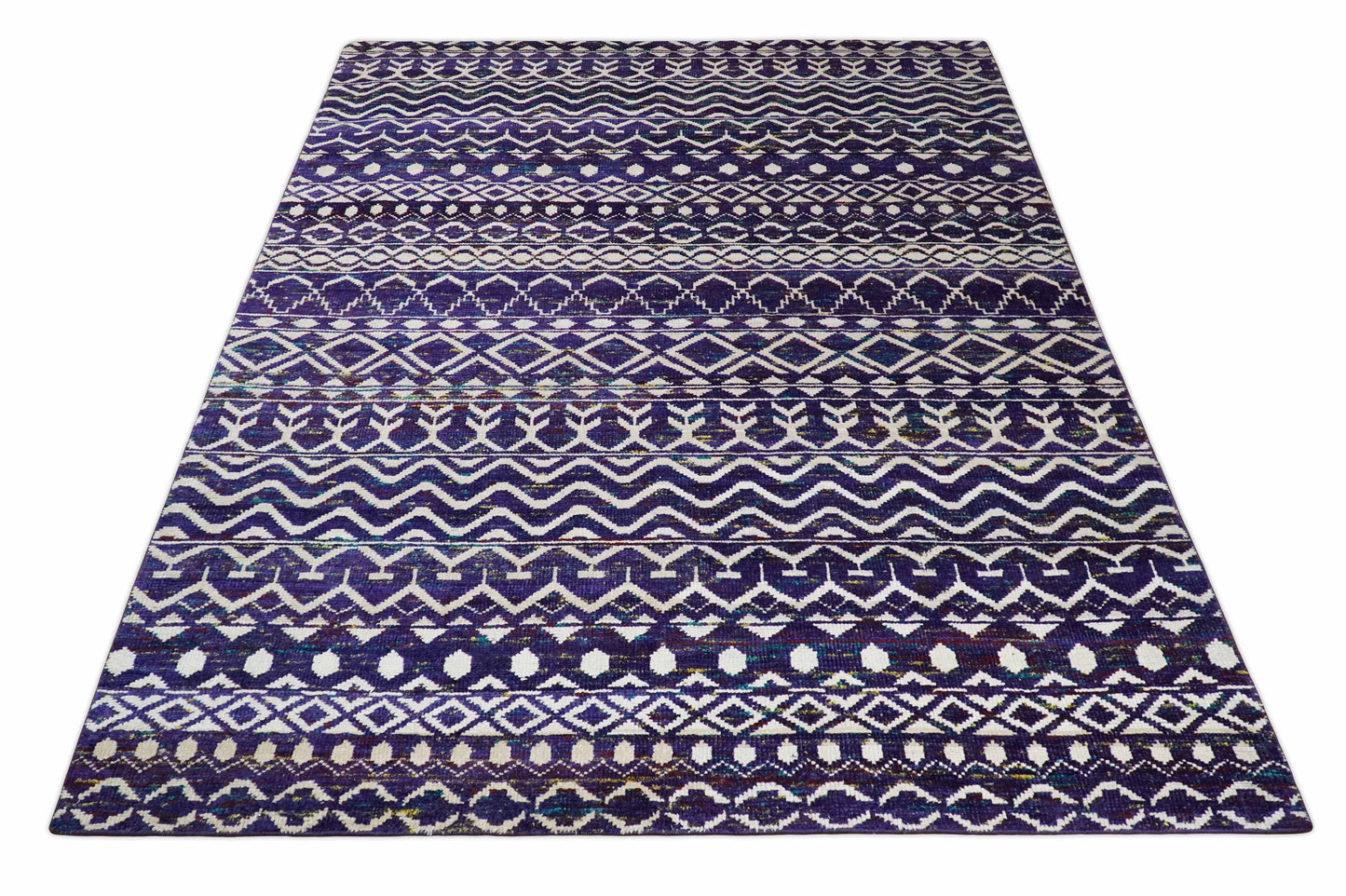 4x6 and 8x10 Hand Knotted Blue and White Modern Contemporary Southwestern Tribal Trellis Recycled Silk Area Rug | OP6