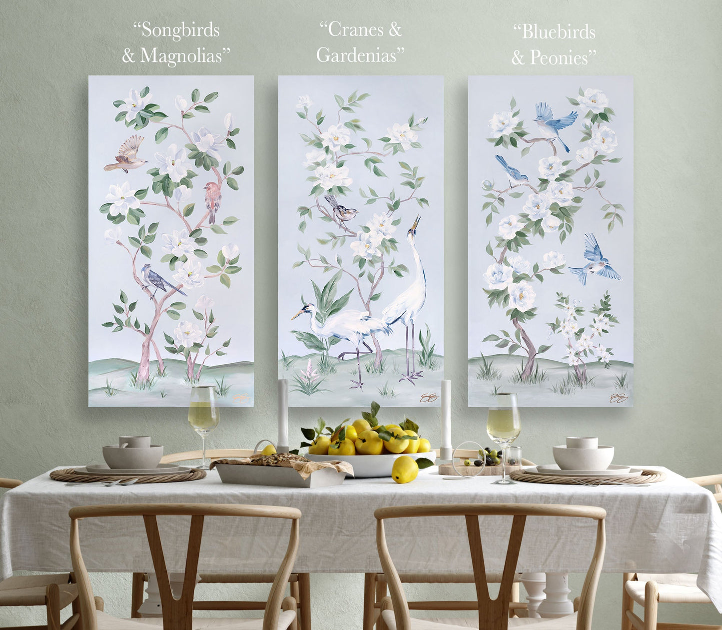 Bluebirds and Peonies, a light blue chinoiserie canvas wrap