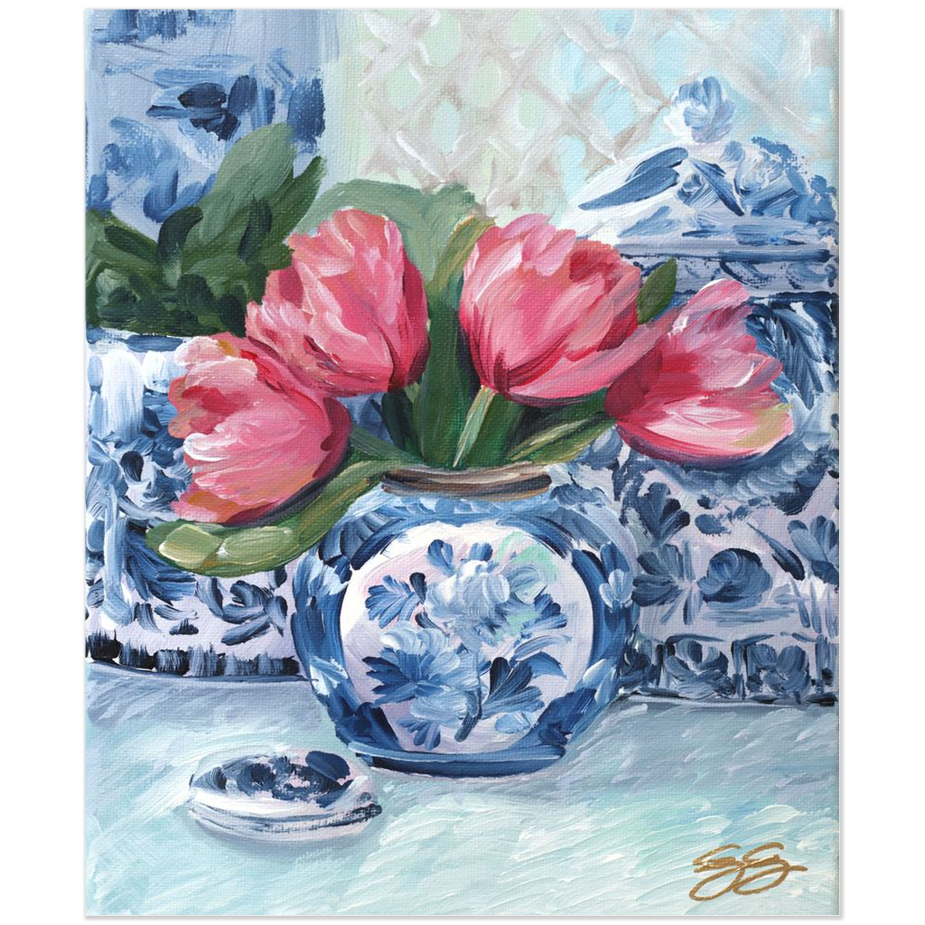 Pink Tulips, Blue Vase; a fine art print on paper