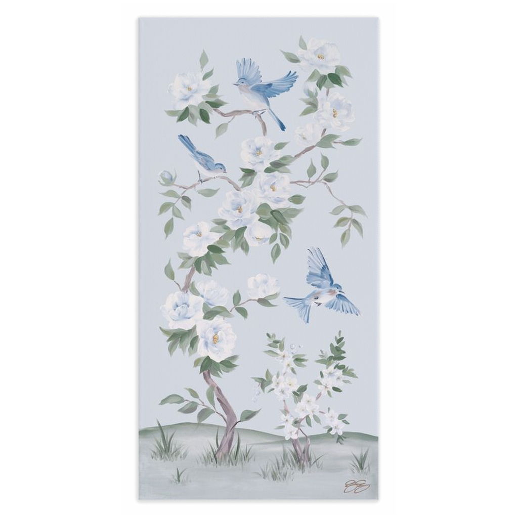 Bluebirds and Peonies, a light blue chinoiserie canvas wrap