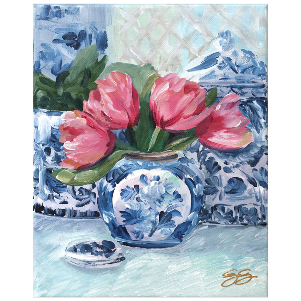 Pink Tulips, Blue Vase; a fine art print on paper