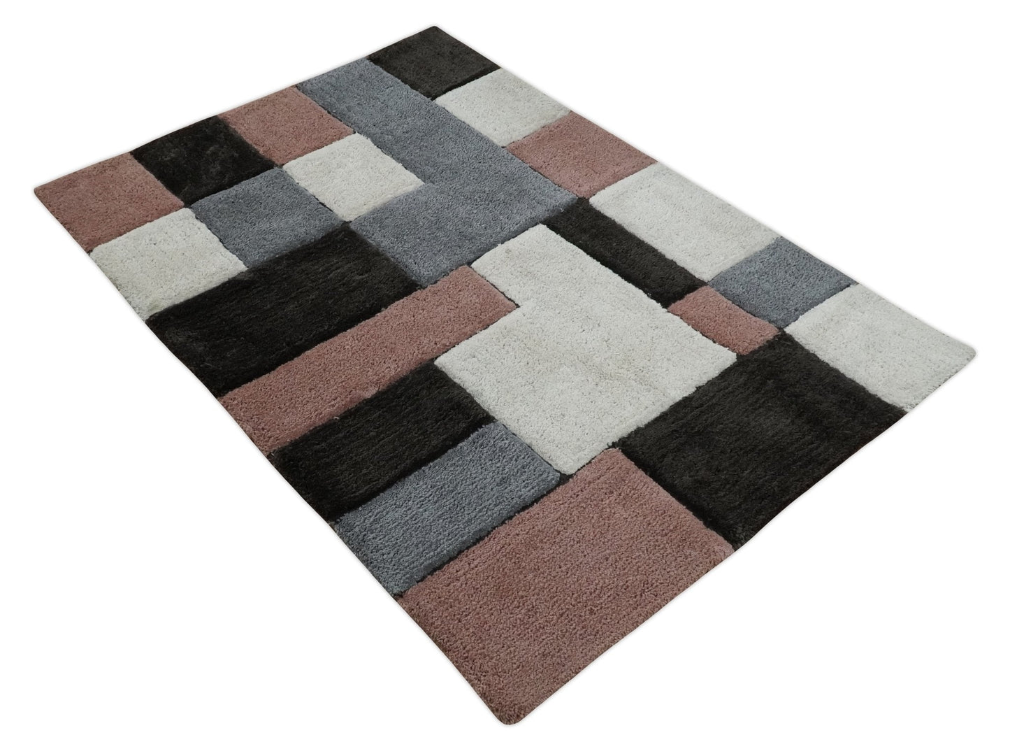 3x5, 4x6 and 5x7 Hand Woven Shag Ivory. Charcoal and Peach Art Silk Soft Viscose Area Rug