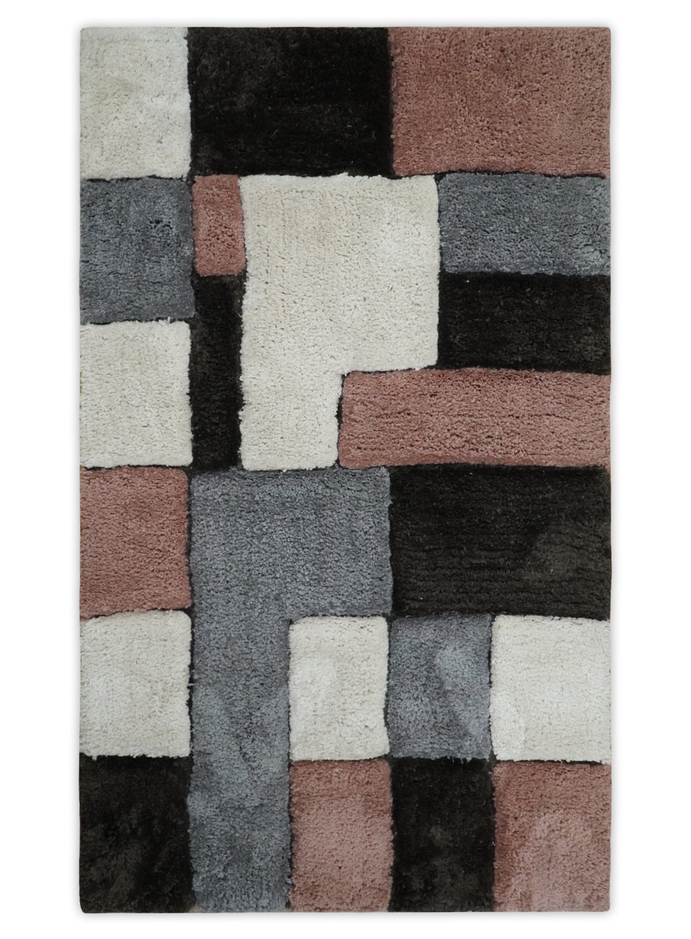 3x5, 4x6 and 5x7 Hand Woven Shag Ivory. Charcoal and Peach Art Silk Soft Viscose Area Rug