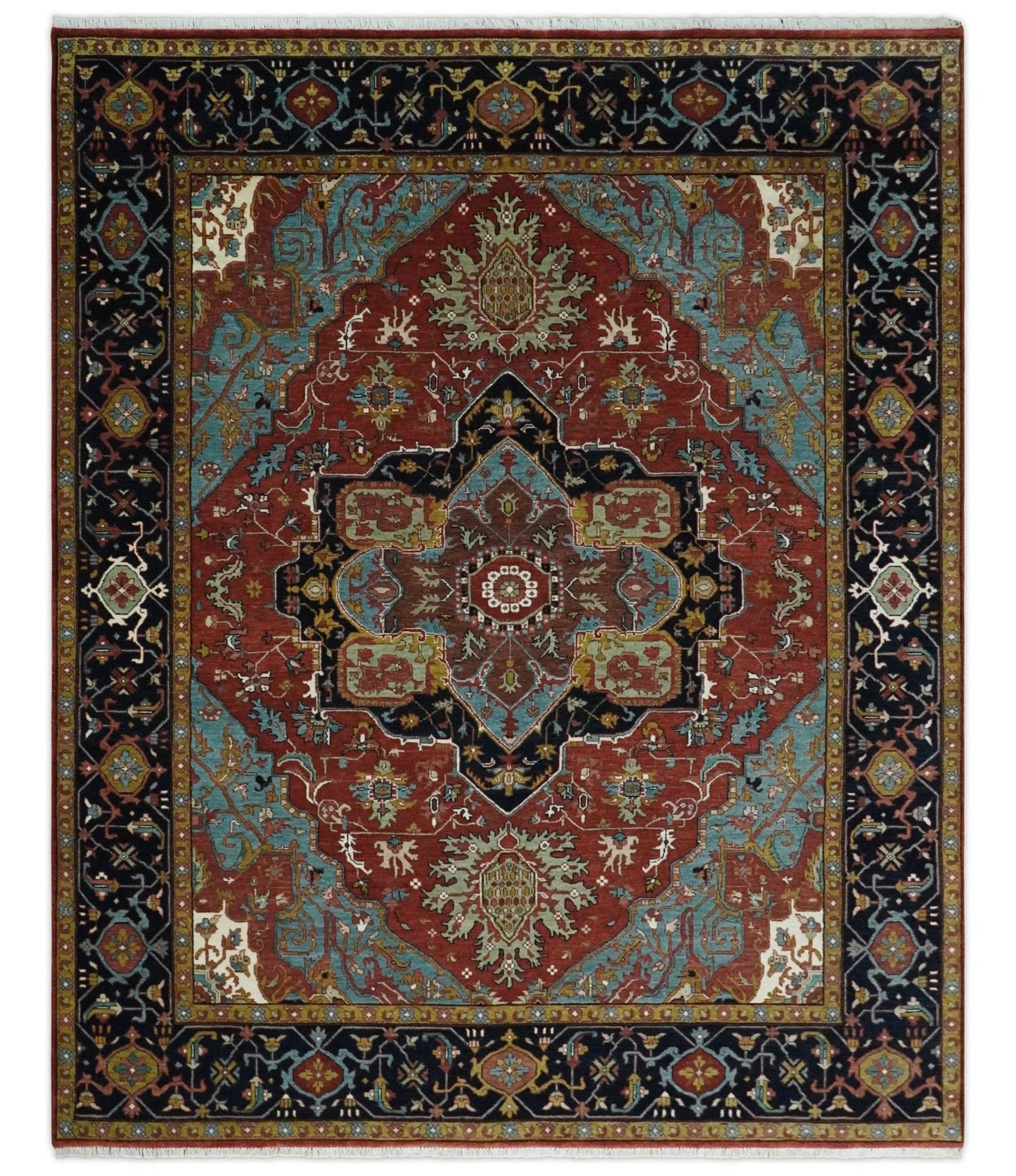 Hand Knotted Rust, Blue and Black Traditional Vintage Style Heriz Serapi Custom Made Wool Area Rug