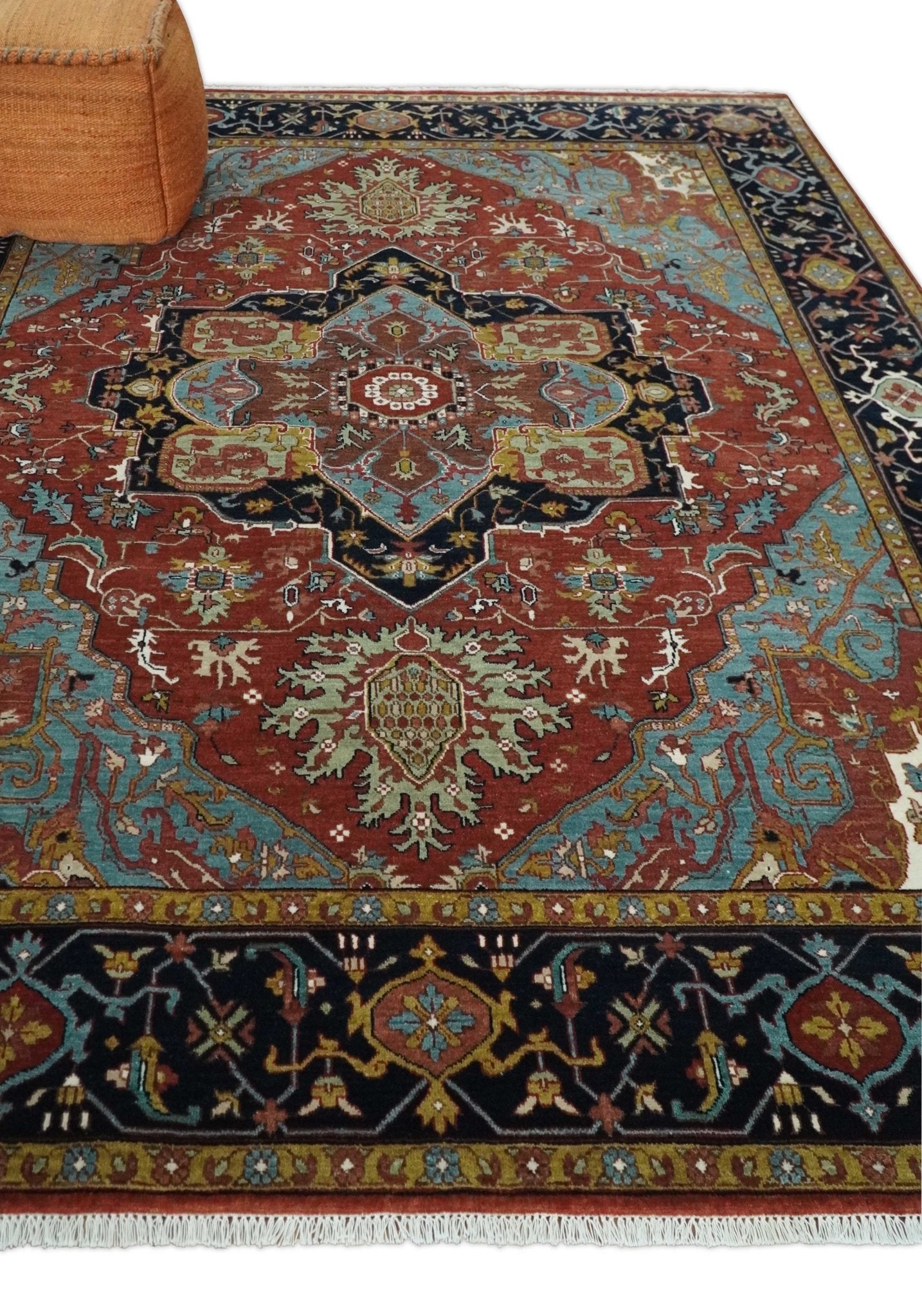 Hand Knotted Rust, Blue and Black Traditional Vintage Style Heriz Serapi Custom Made Wool Area Rug