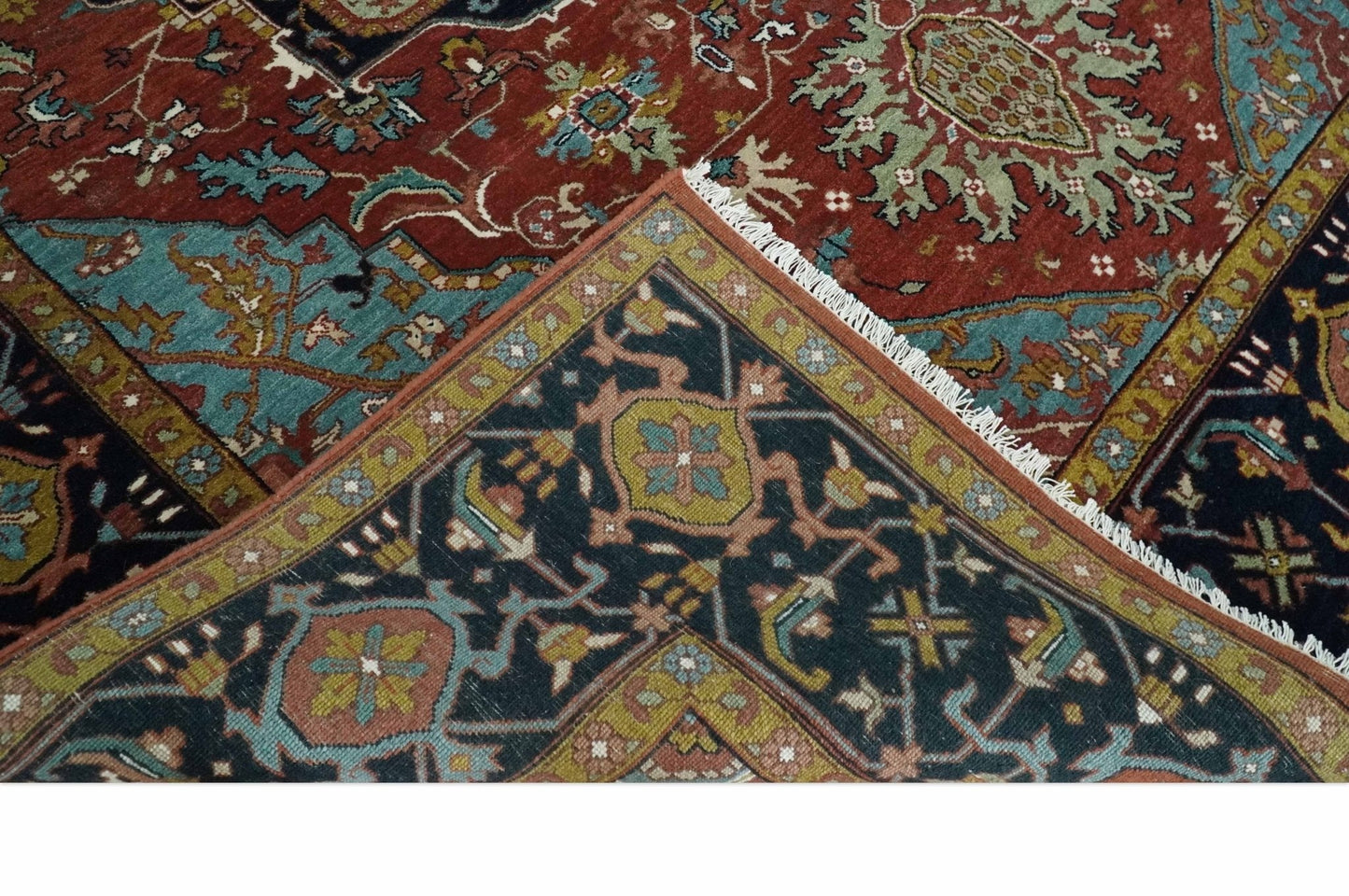 Hand Knotted Rust, Blue and Black Traditional Vintage Style Heriz Serapi Custom Made Wool Area Rug