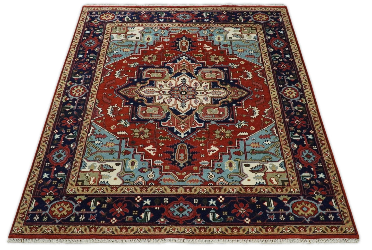 Rust and Blue Hand Knotted Traditional Heriz Serapi Multi Size wool Area Rug