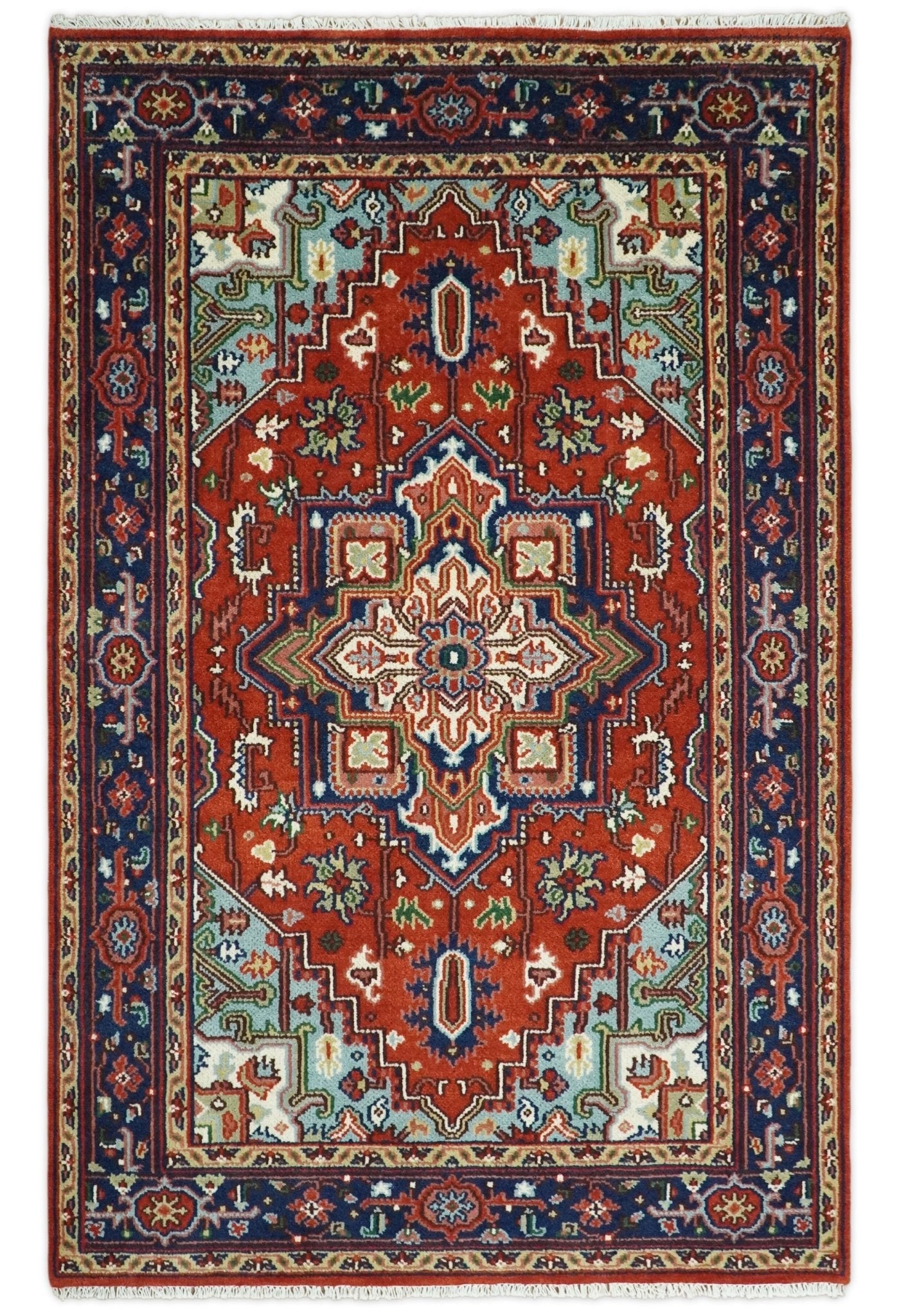 Rust and Blue Hand Knotted Traditional Heriz Serapi Multi Size wool Area Rug