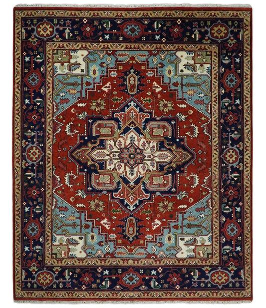 Rust and Blue Hand Knotted Traditional Heriz Serapi Multi Size wool Area Rug