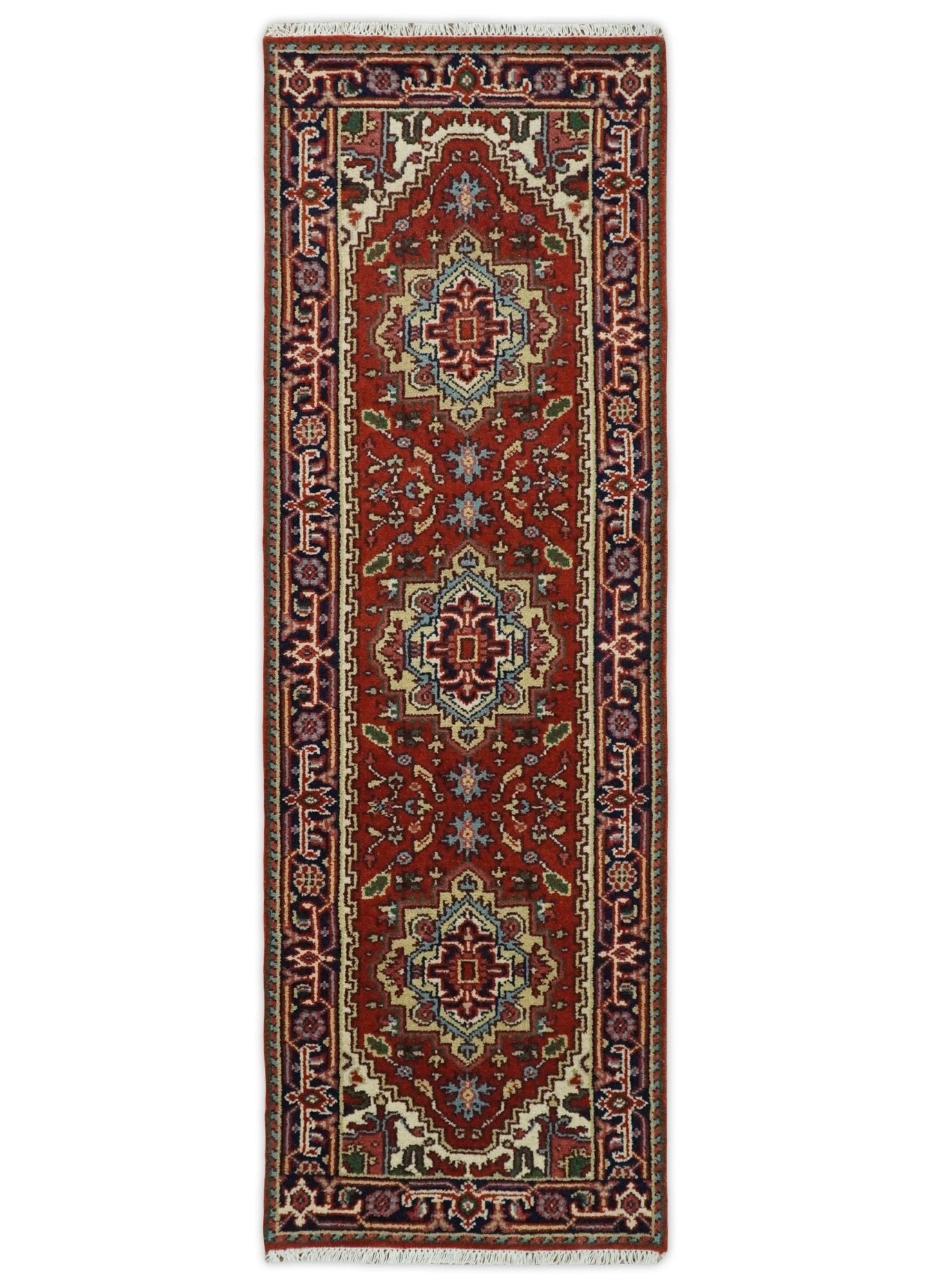 Hand Knotted Brown, Ivory and Blue Traditional Heriz Multi size Hand knotted Wool Area Rug