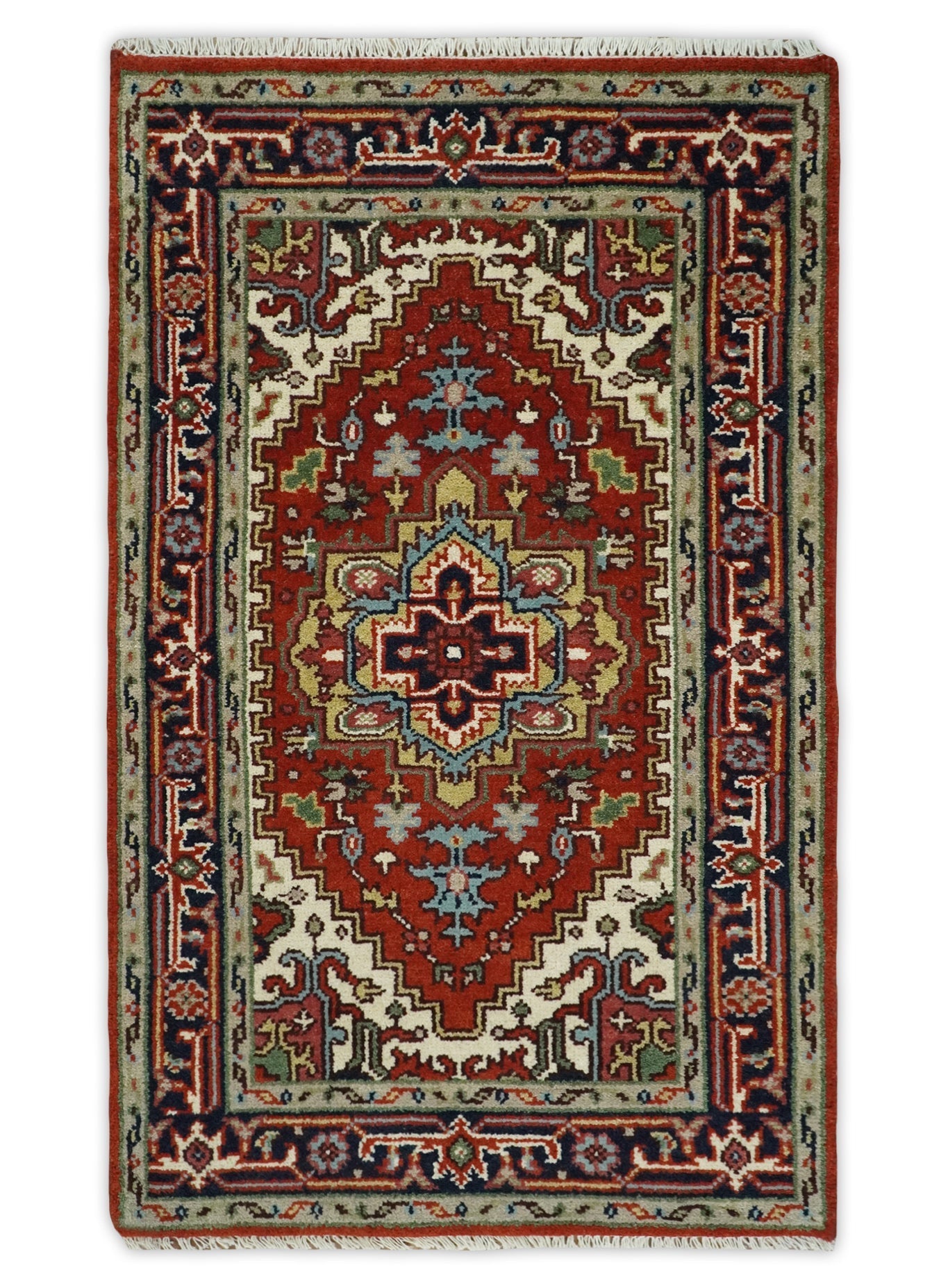 Hand Knotted Brown, Ivory and Blue Traditional Heriz Multi size Hand knotted Wool Area Rug