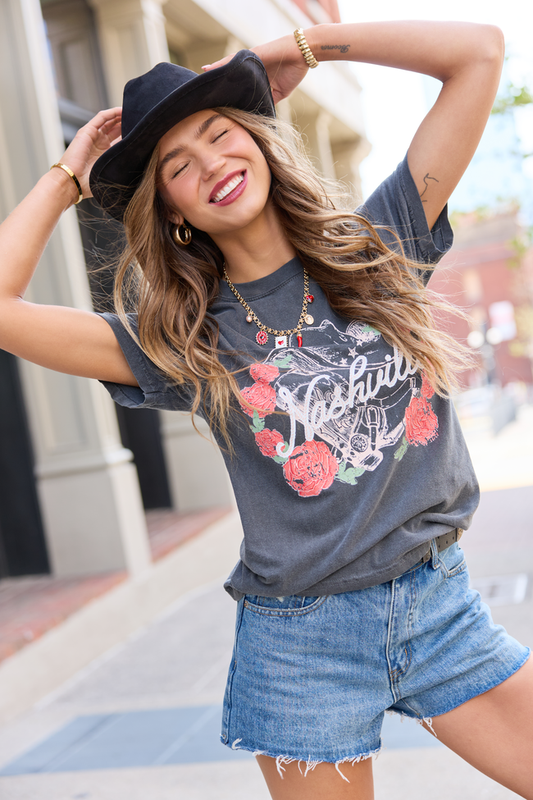 Nashville Vintage Rose Dark Grey Comfort Colors Graphic Tee