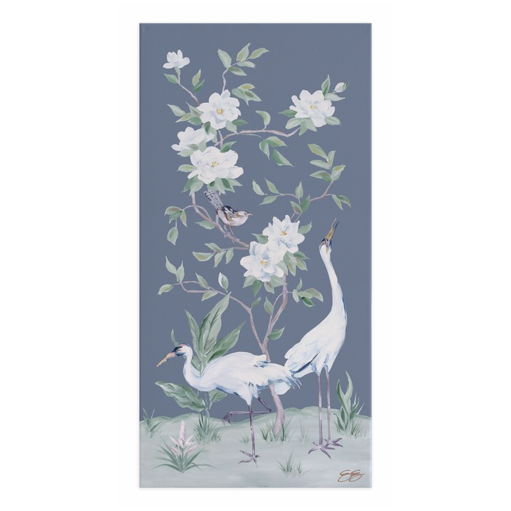 Cranes and Gardenias, a dark blue chinoiserie canvas wrap