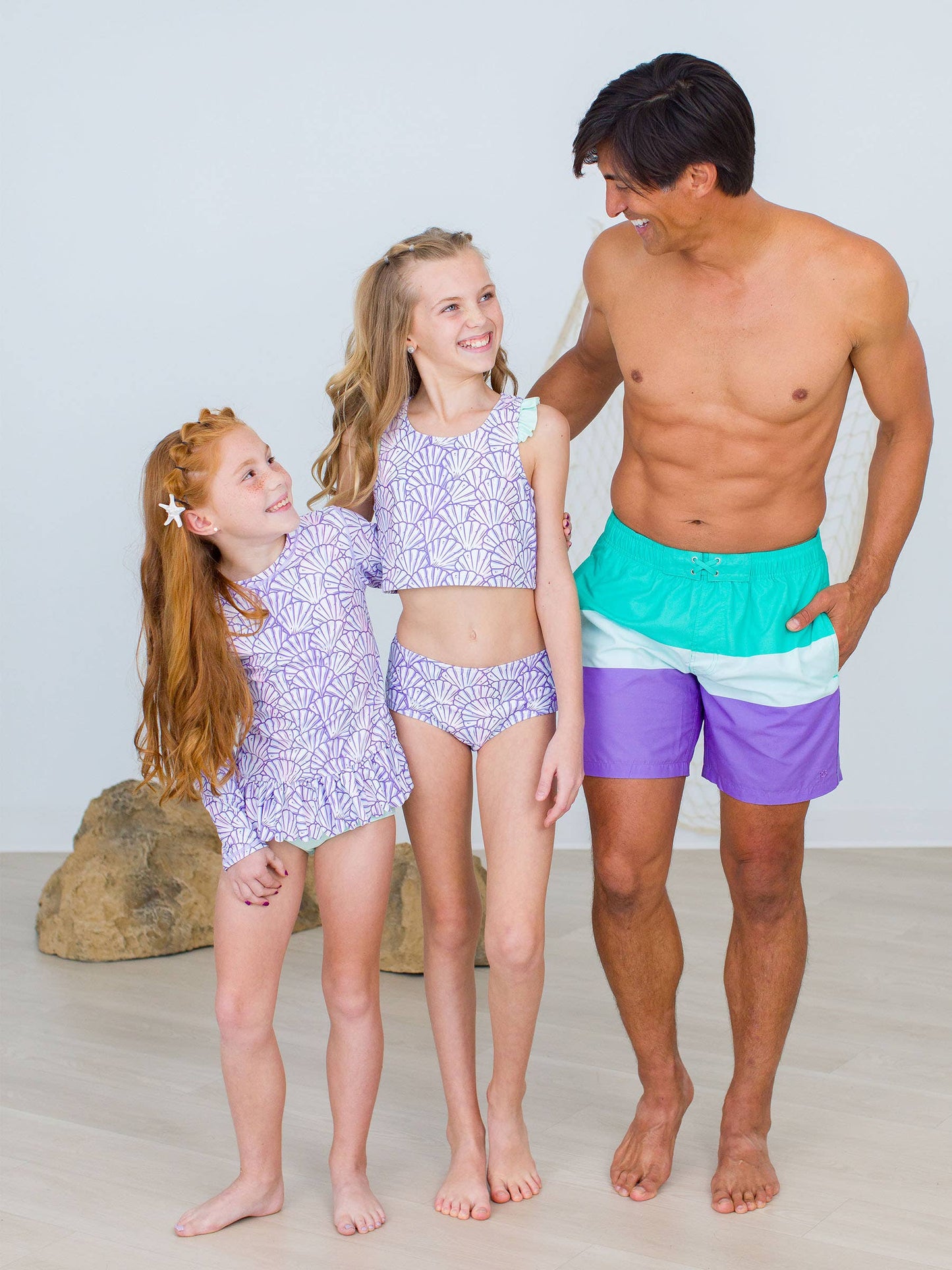 RuffleButts + RuggedButts - Girls Magical Mermaid Scallop Hem Long Sleeve Rash Guard 2-Piece Swimsuit with Signature Rear Ruffles