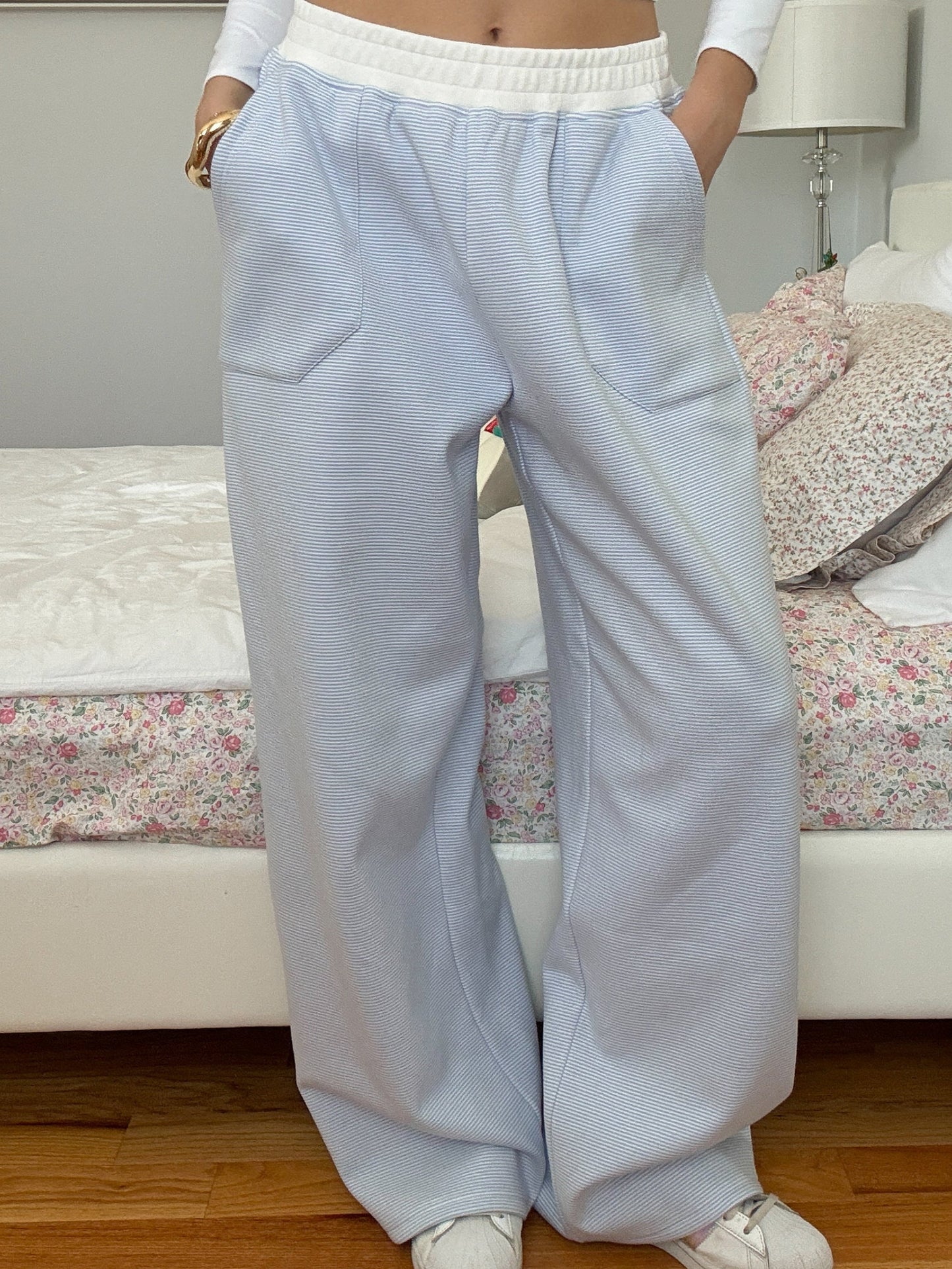 Blue and White Mini Striped Sweatpants
