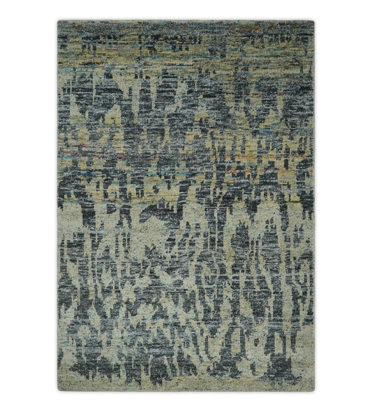 4.5x6.5 Hand Knotted Beige, Camel and Charcoal Modern Abstract Contemporary Recycled Silk Area Rug | OP127