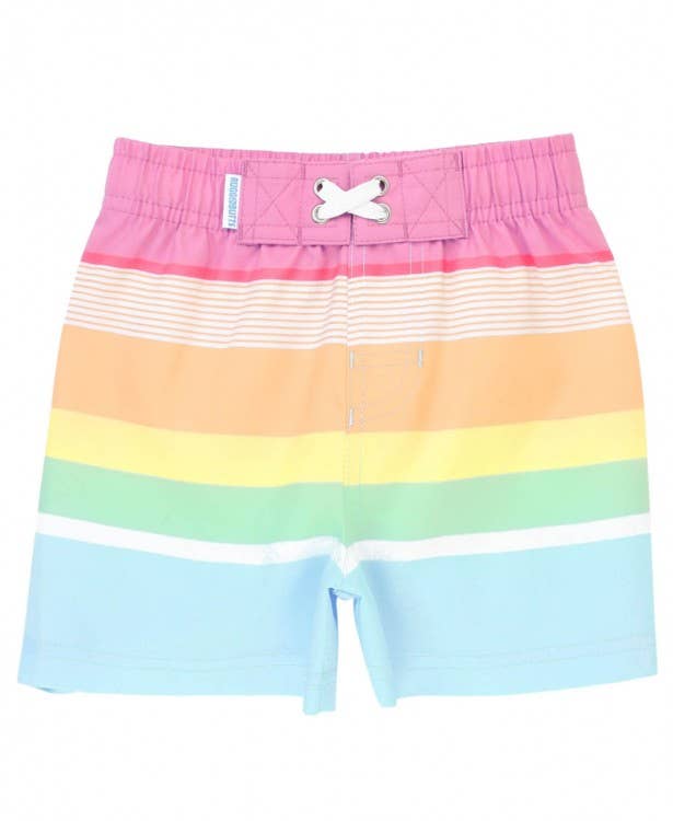 RuffleButts + RuggedButts - Rainbow Multi-Stripe Swim Trunks RuffleButts + RuggedButts - Rainbow Multi-Stripe Swim Trunks