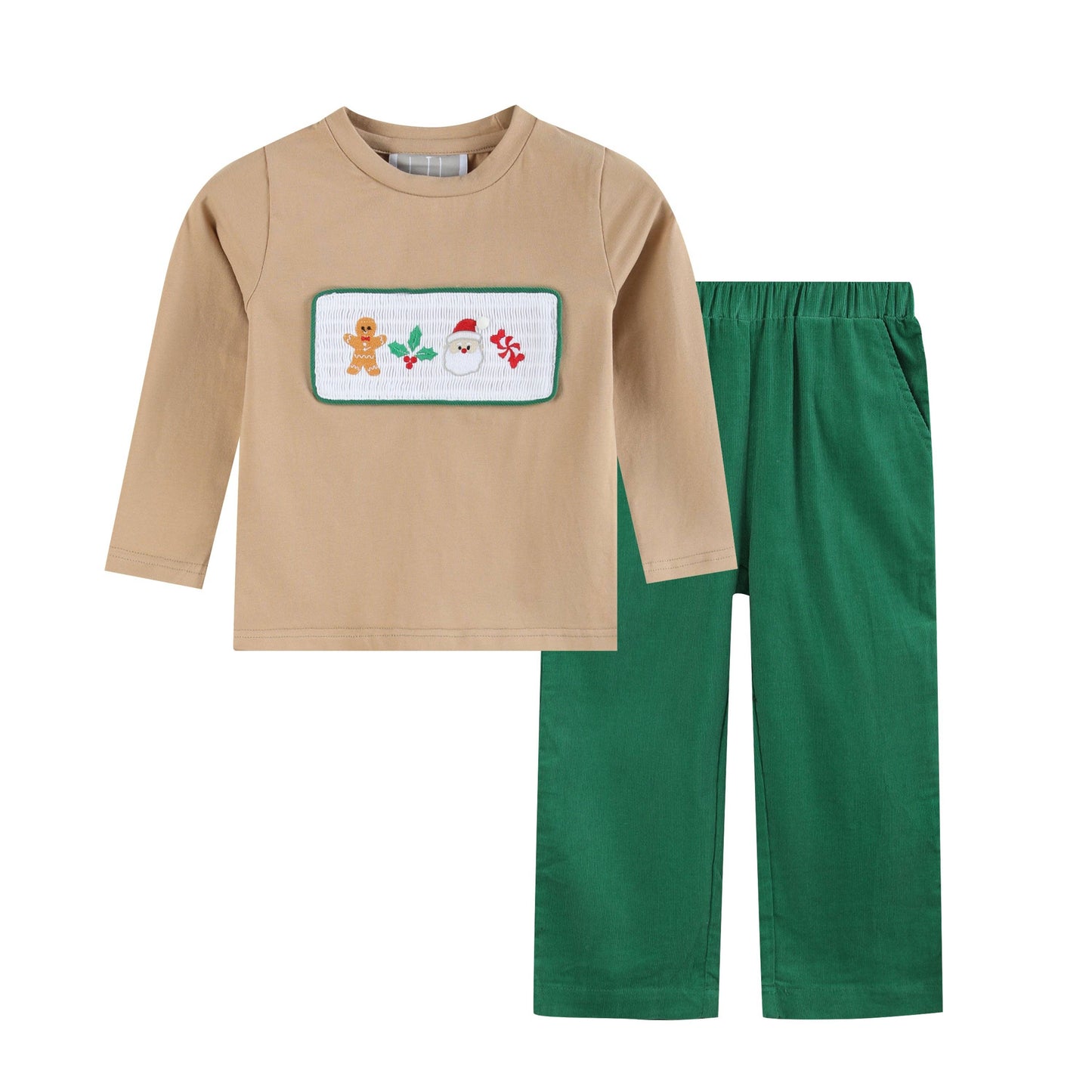 Lil Cactus - Light Brown Christmas Smocked Shirt and Green Corduroy Pants