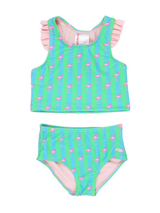 RuffleButts + RuggedButts - Girls Neon Flamingo Stripe Racerback Flutter Tankini