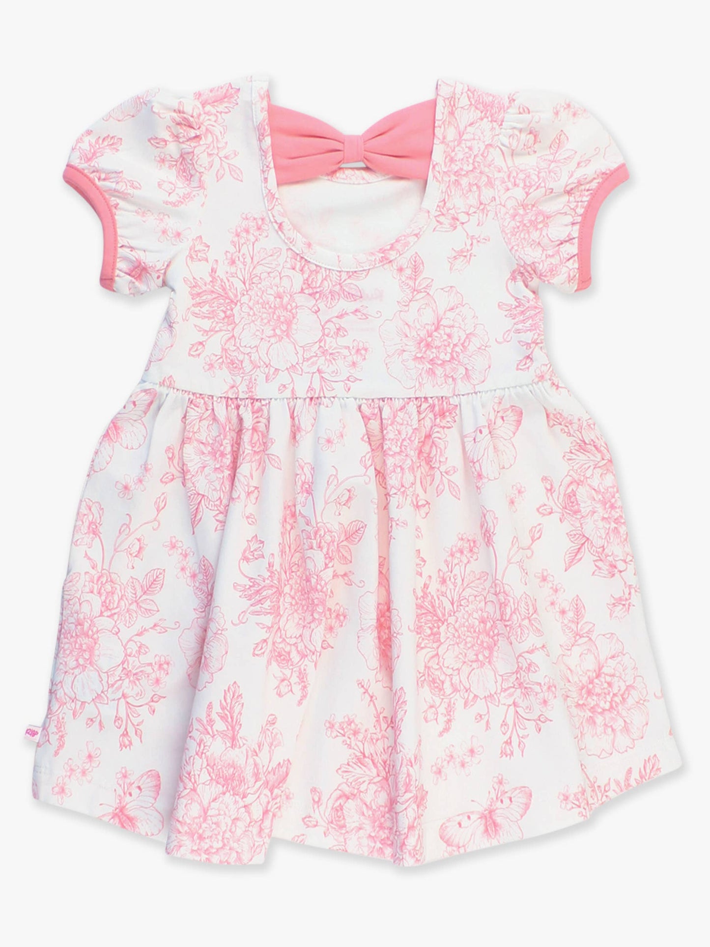 RuffleButts + RuggedButts - Girls Bubblegum Pink Butterfly Garden Toile Puff Short Sleeve Bow Twirl Dress