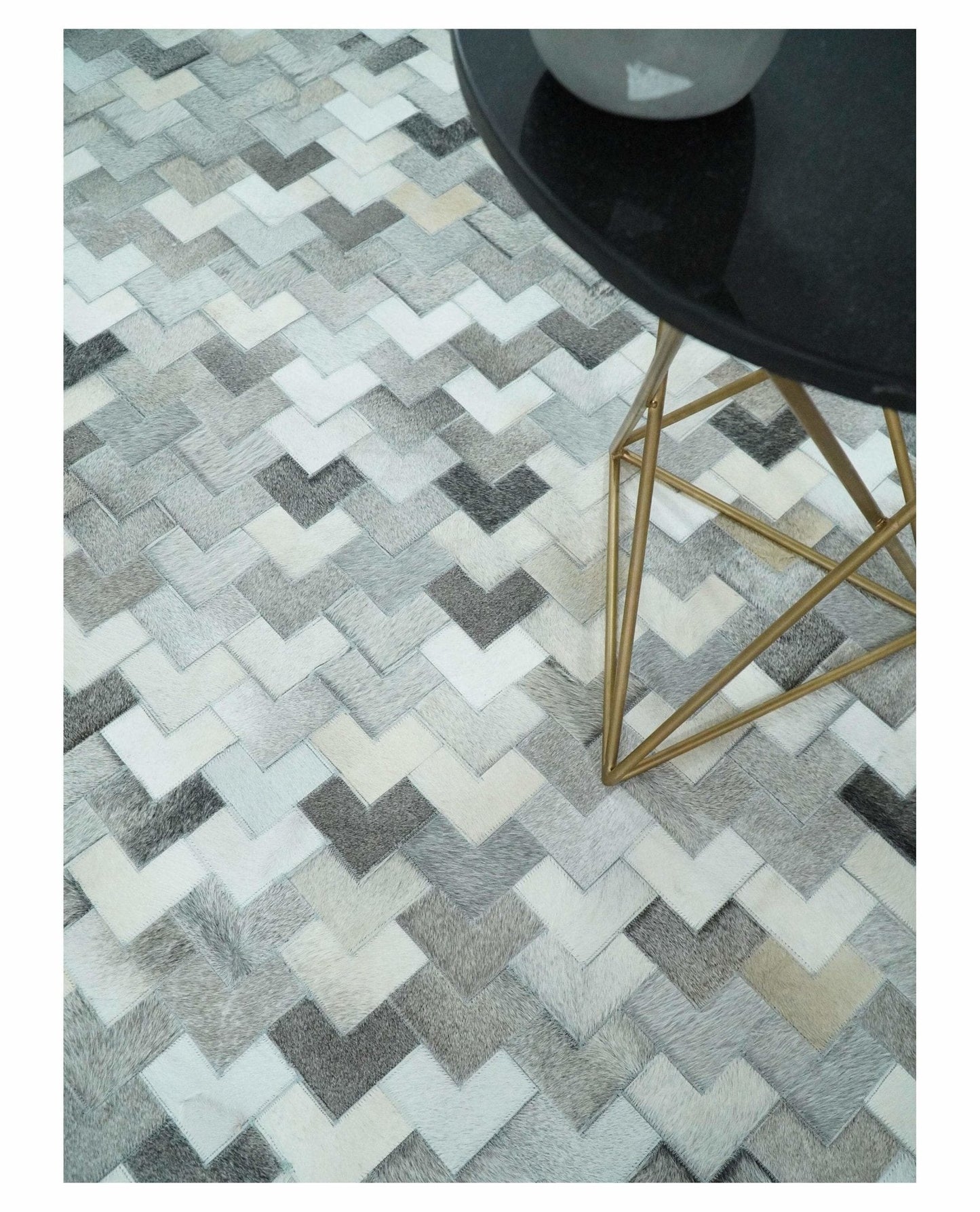 Custom Made Ivory and Gray Leather Rug | Hairon Genuine Leather, Cowhide rug, Chevron Tile Geometric Rug