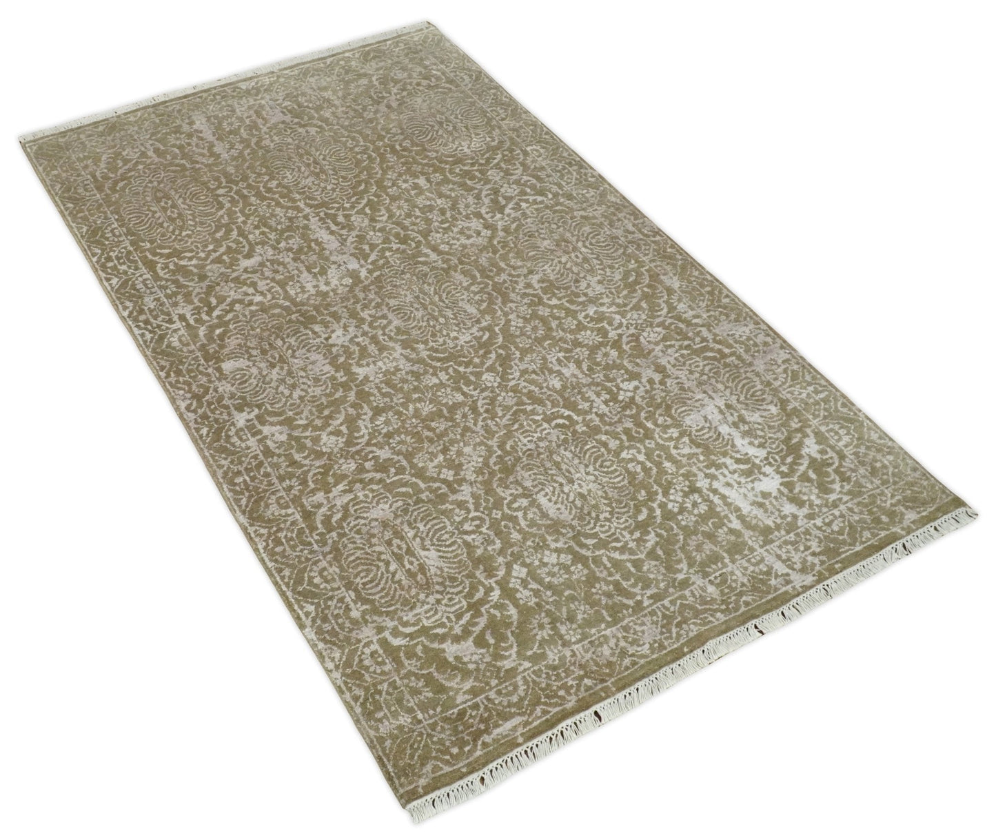 4x6 Fine Hand Knotted Olive and Silver Traditional Vintage Persian Style Antique Wool and SIlk Rug | AGR16