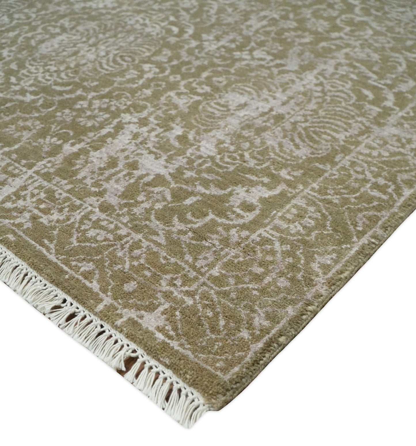 4x6 Fine Hand Knotted Olive and Silver Traditional Vintage Persian Style Antique Wool and SIlk Rug | AGR16