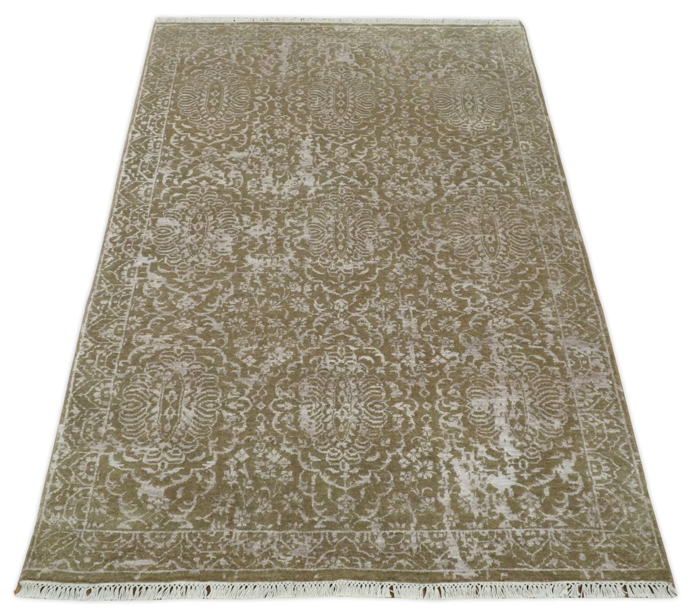 4x6 Fine Hand Knotted Olive and Silver Traditional Vintage Persian Style Antique Wool and SIlk Rug | AGR16