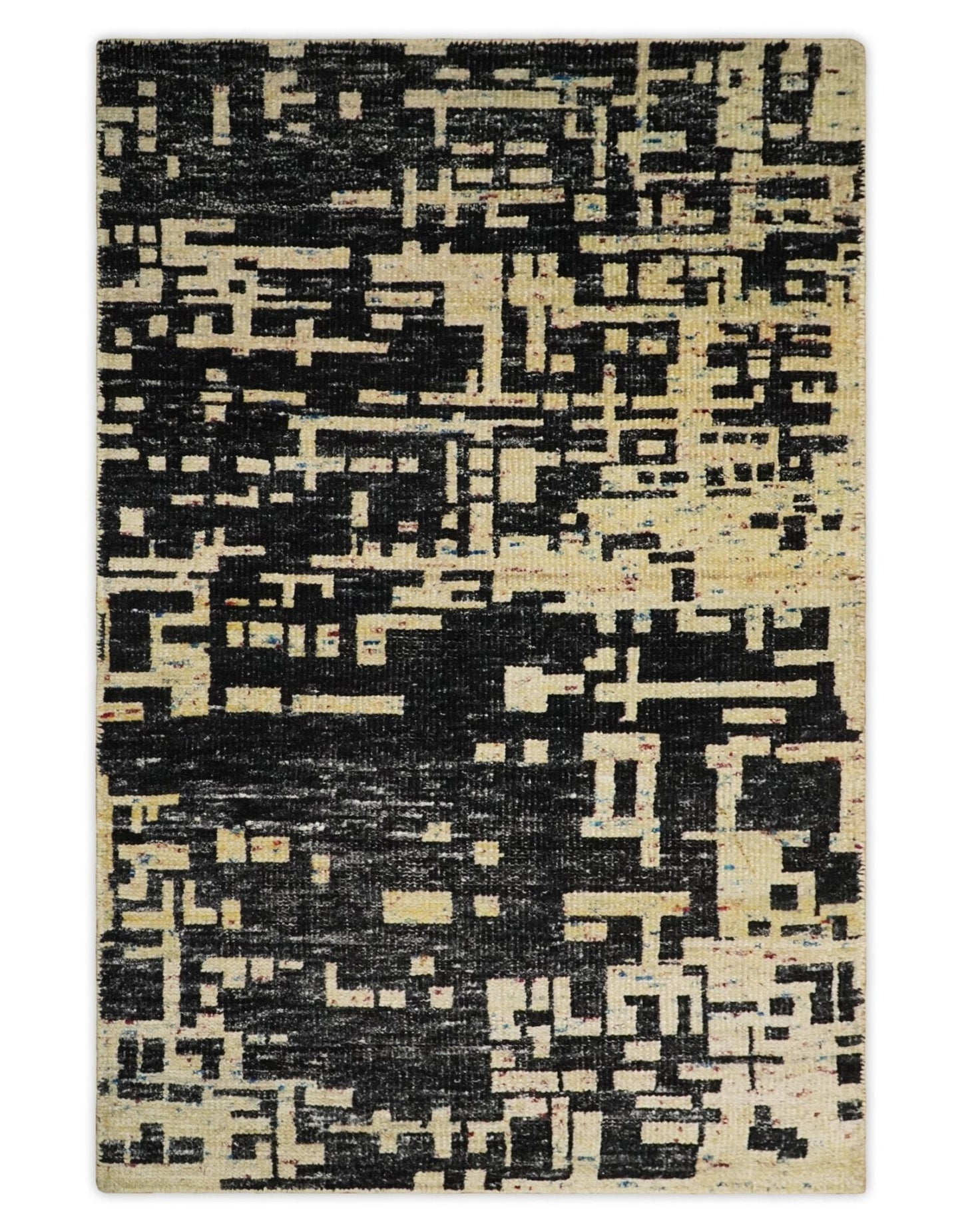 4x6 Hand Knotted Beige and Black Modern Abstract Contemporary Recycled Silk Area Rug | OP54