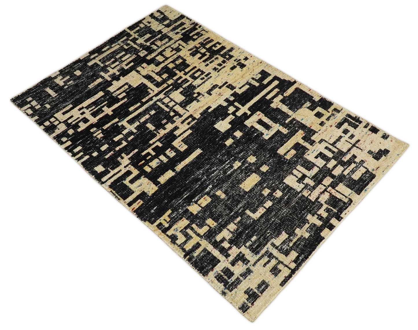 4x6 Hand Knotted Beige and Black Modern Abstract Contemporary Recycled Silk Area Rug | OP54