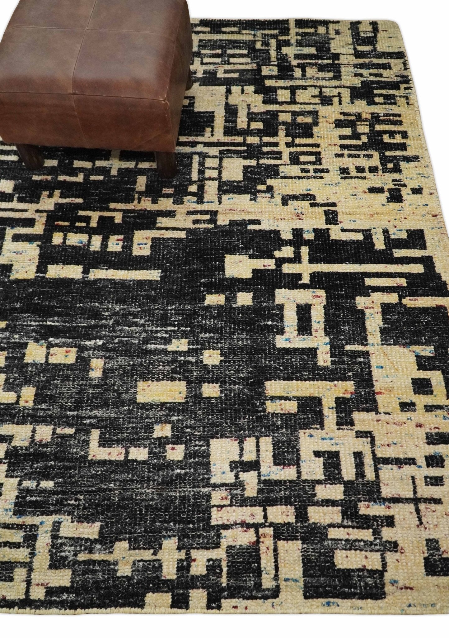 4x6 Hand Knotted Beige and Black Modern Abstract Contemporary Recycled Silk Area Rug | OP54