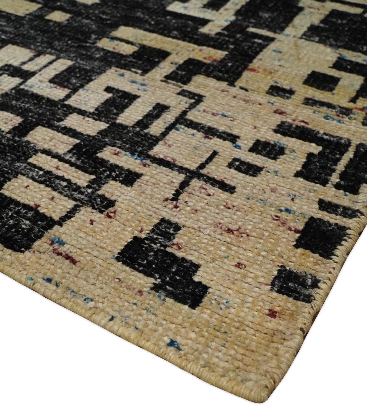 4x6 Hand Knotted Beige and Black Modern Abstract Contemporary Recycled Silk Area Rug | OP54