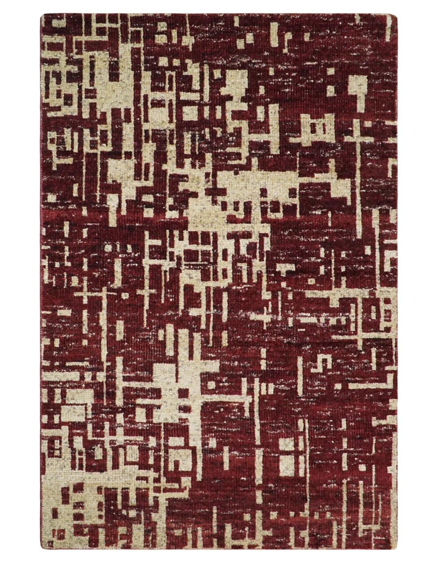 4x6 Hand Knotted Beige and Maroon Modern Abstract Contemporary Recycled Silk Area Rug | OP64