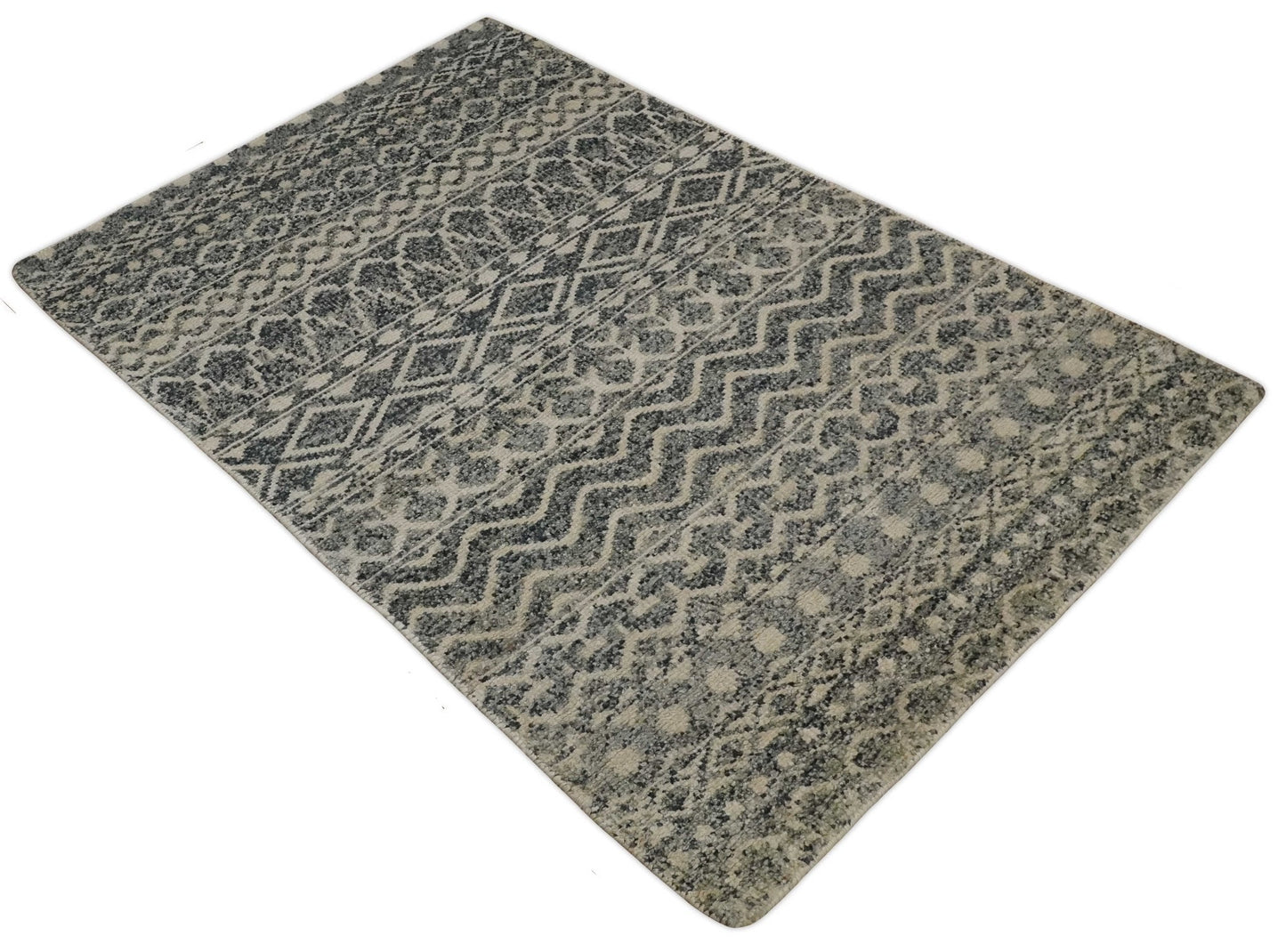 4x6 Hand Knotted Ivory, Black and Gray Modern Contemporary Southwestern Tribal Trellis Recycled Silk Area Rug | OP56