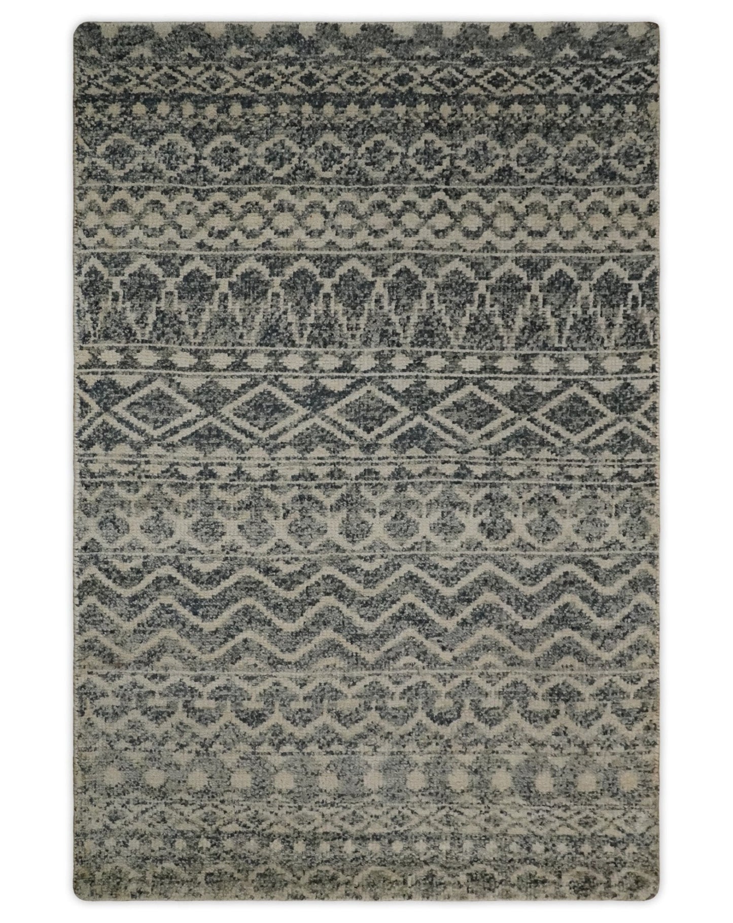 4x6 Hand Knotted Ivory, Black and Gray Modern Contemporary Southwestern Tribal Trellis Recycled Silk Area Rug | OP56