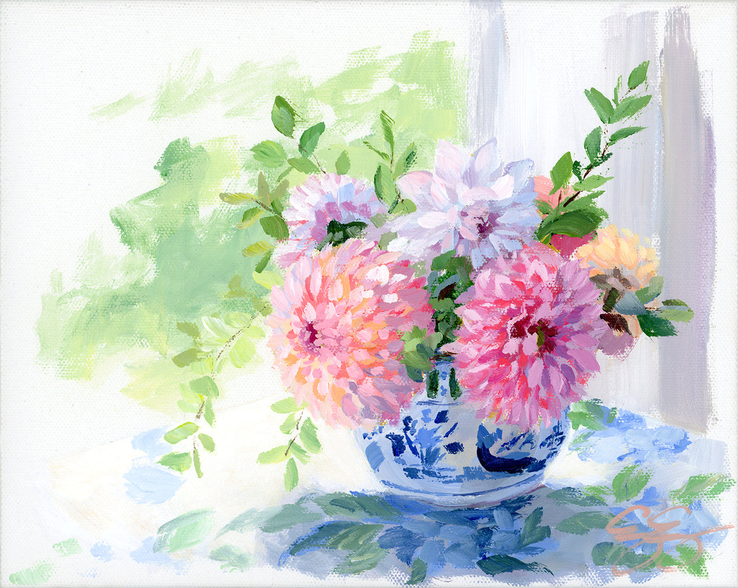 Dahlias in little ginger jar (No. 501) - 8 x 10 acrylic painting on canvas