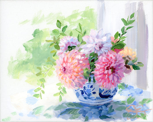 Dahlias in little ginger jar (No. 501) - 8 x 10 acrylic painting on canvas