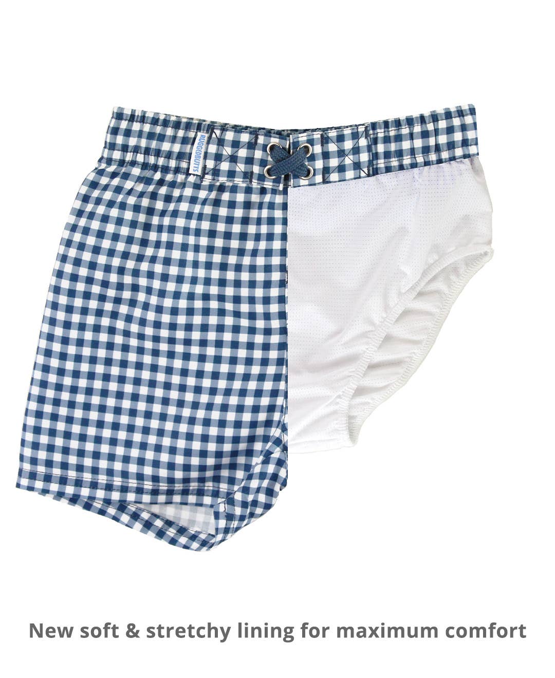 RuffleButts - Navy Gingham Swim Trunks