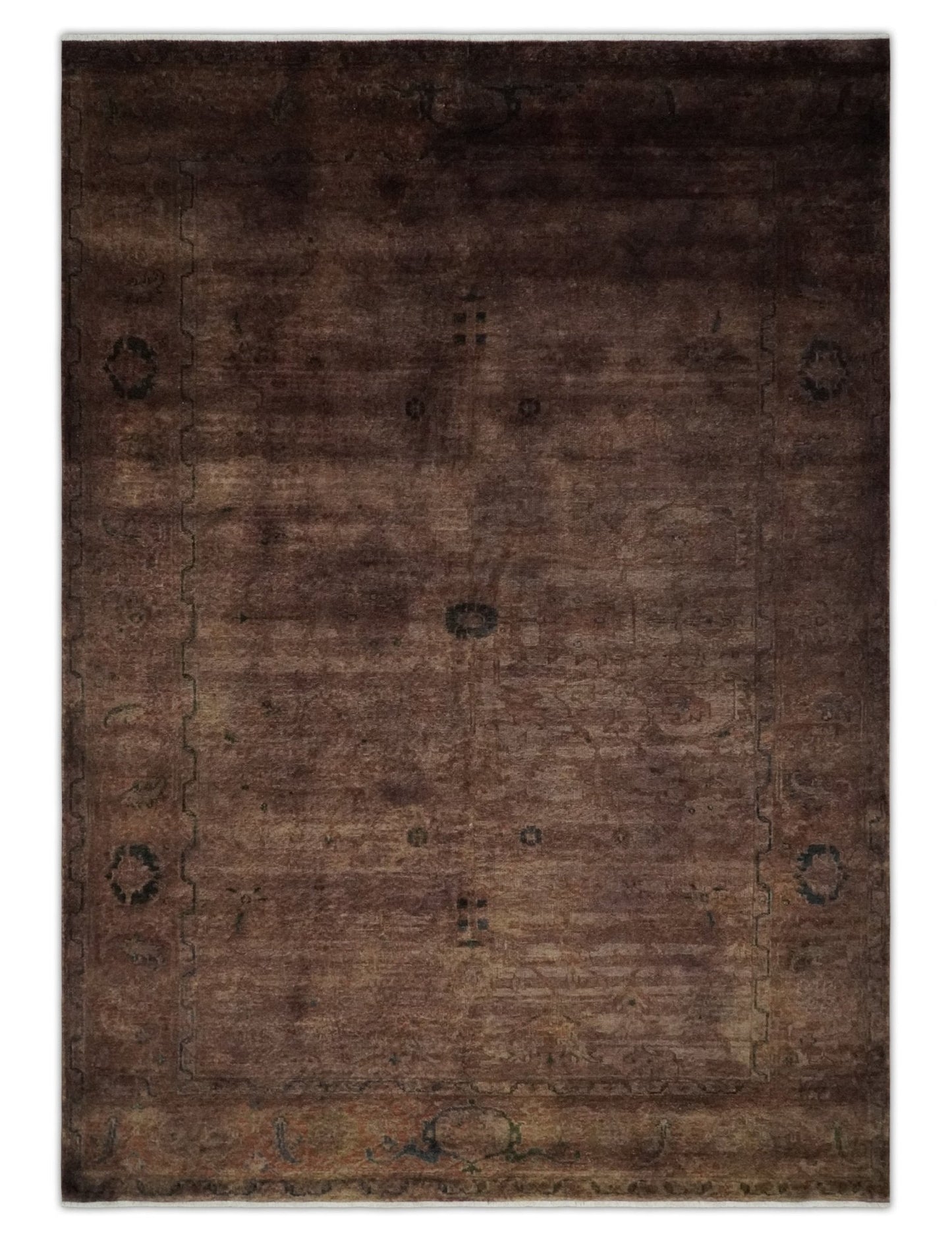 5.10x8.6 Hand Knotted Brown Overdyed Antique Finish Traditional Wool Rug | N34569