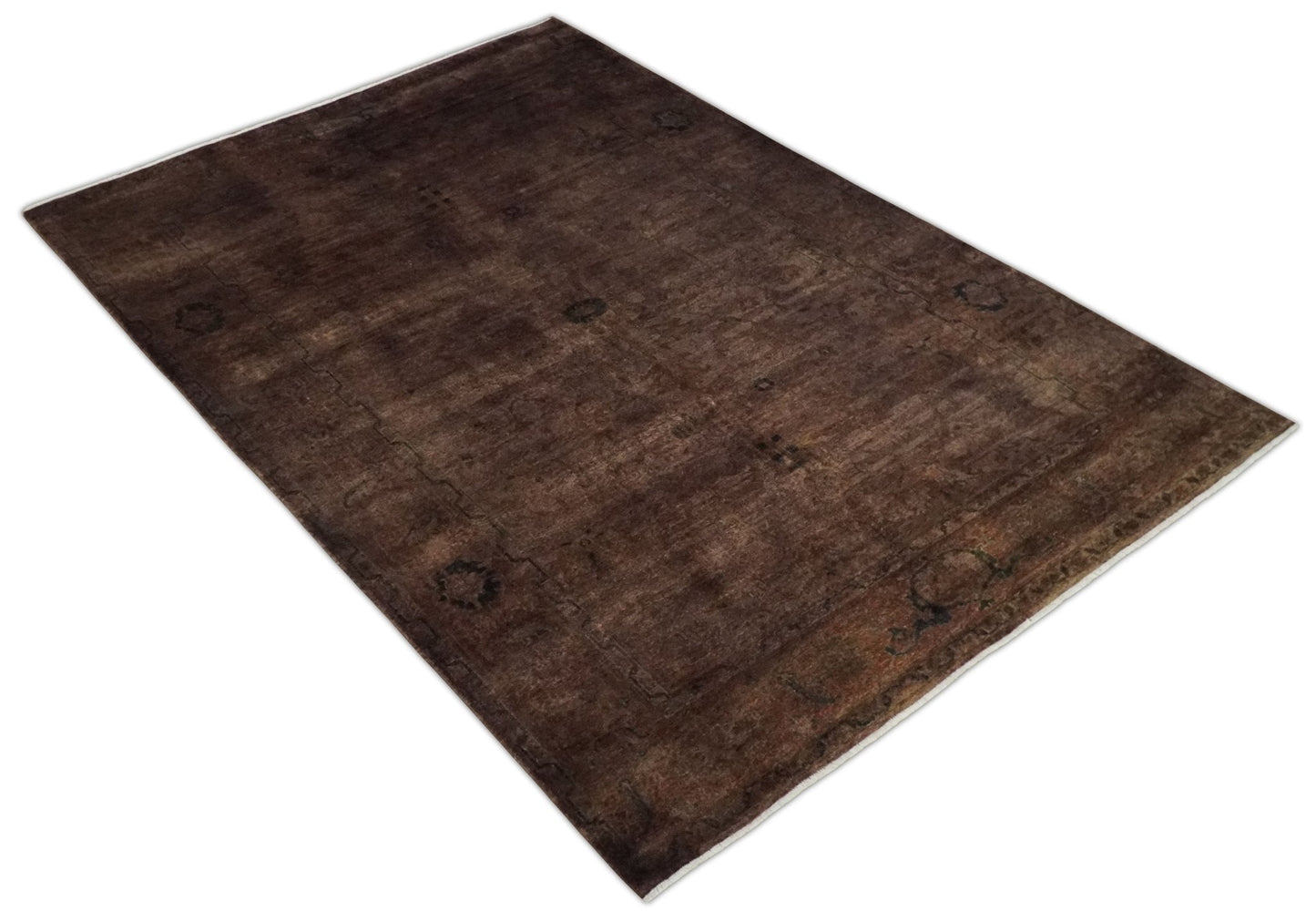 5.10x8.6 Hand Knotted Brown Overdyed Antique Finish Traditional Wool Rug | N34569