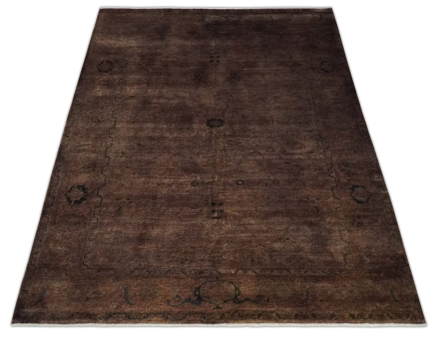 5.10x8.6 Hand Knotted Brown Overdyed Antique Finish Traditional Wool Rug | N34569