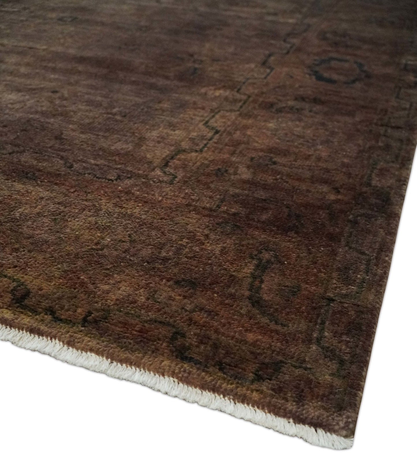 5.10x8.6 Hand Knotted Brown Overdyed Antique Finish Traditional Wool Rug | N34569