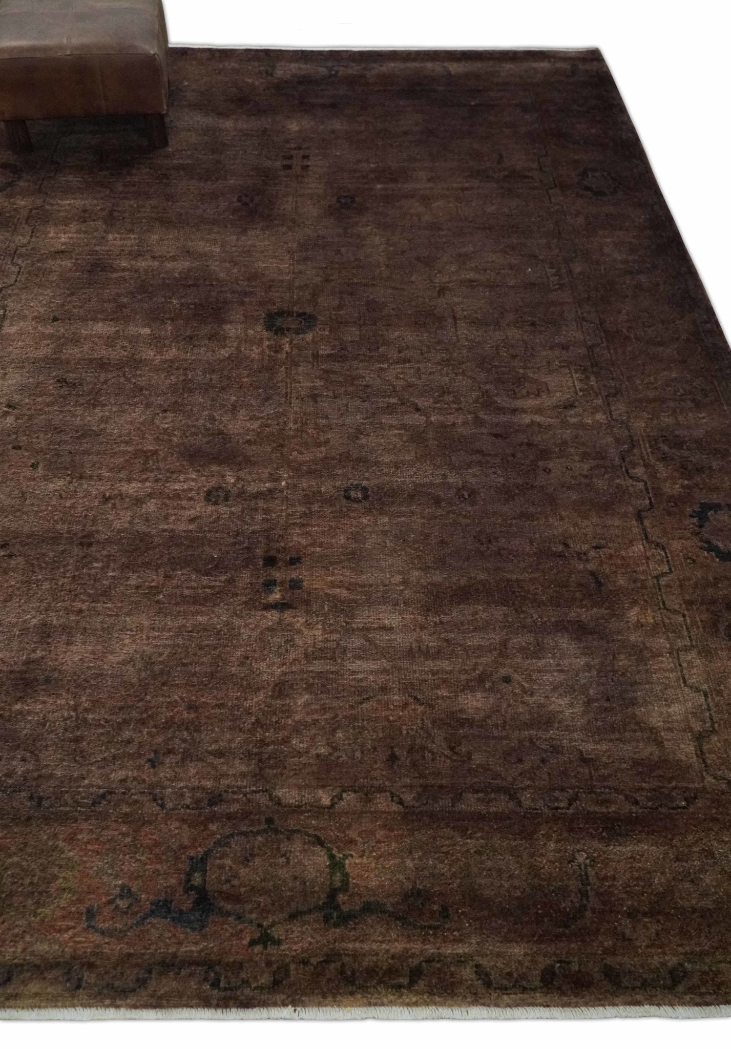 5.10x8.6 Hand Knotted Brown Overdyed Antique Finish Traditional Wool Rug | N34569