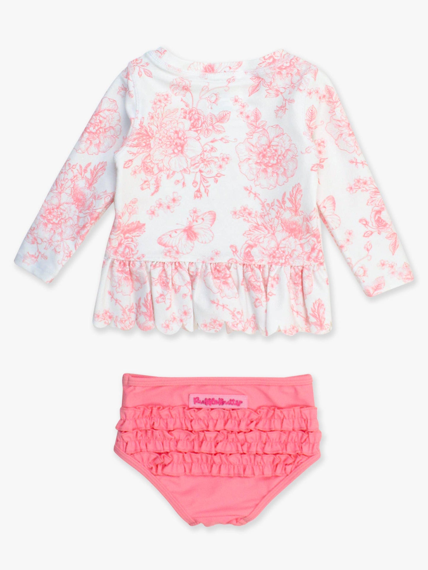 RuffleButts + RuggedButts - Girls Pink Butterfly Garden Toile Long Sleeve Rash Guard 2-Piece