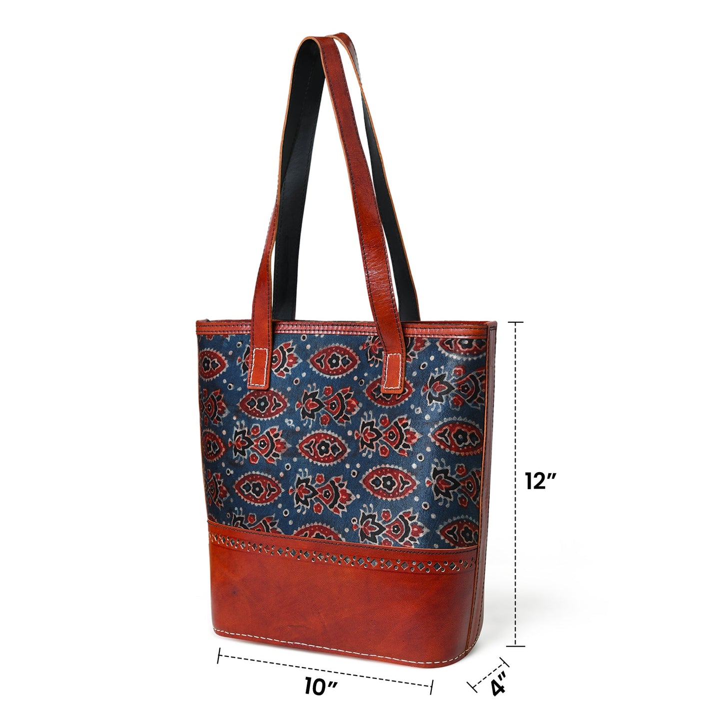 Neela Ajrakh Leather Tote Bag